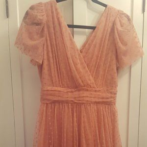 Gal Meets Glam Pink Midi Dress with Puff Sleeves and V-Neckline